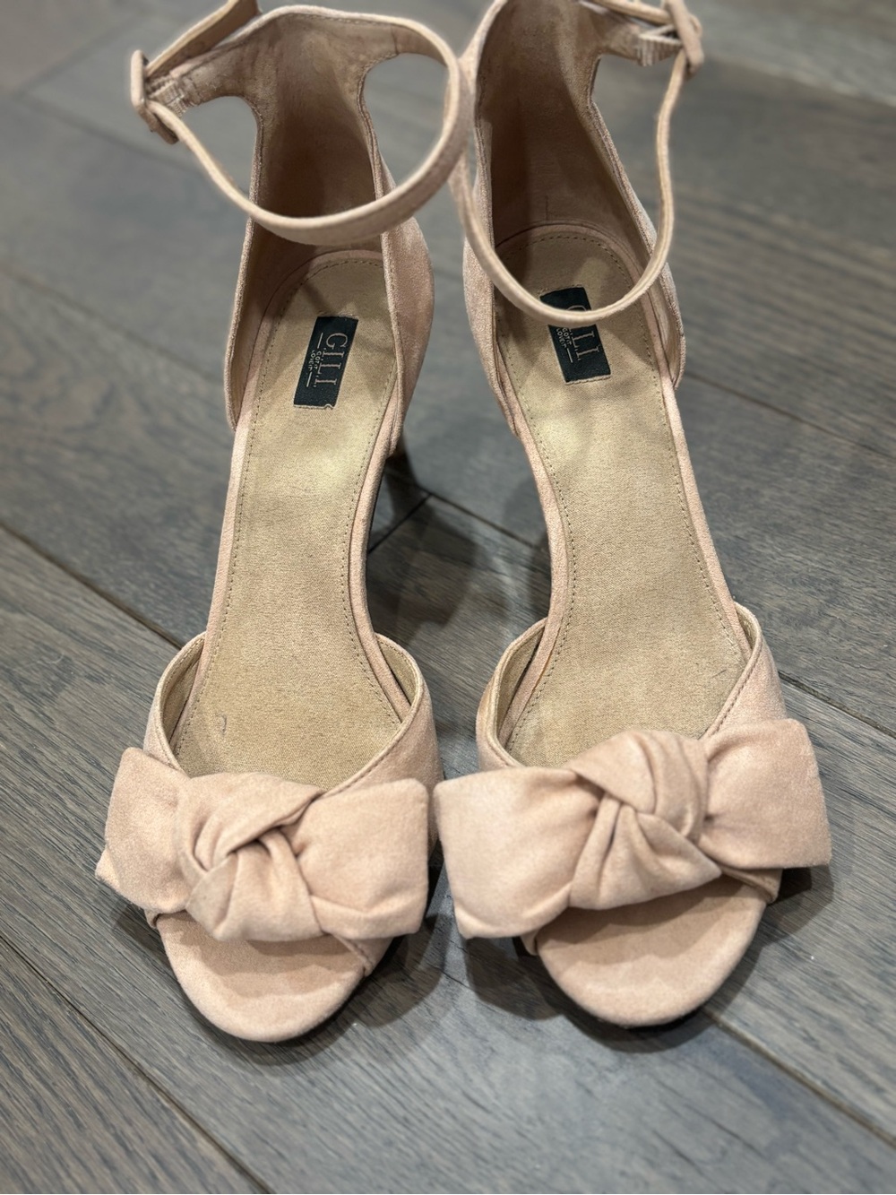 G.I.L.I. Blush Pink Suede Knot Ankle-Strap Heels